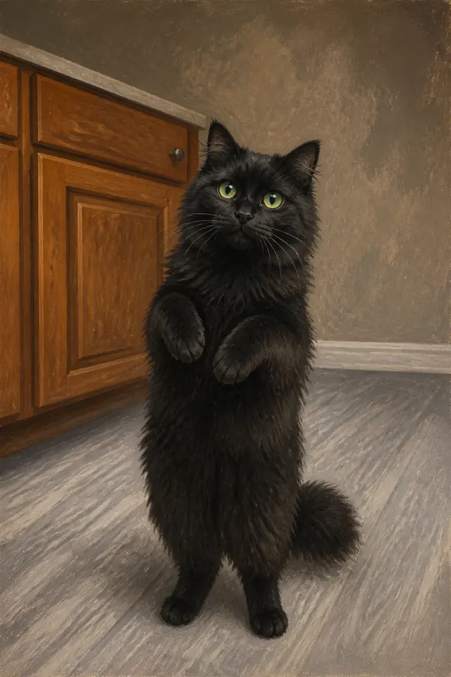 A painted black cat standing on its hind legs